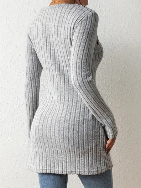 Women's Casual Ribbed Button Decor Asymmetrical Hem Long Sleeve T-Shirt