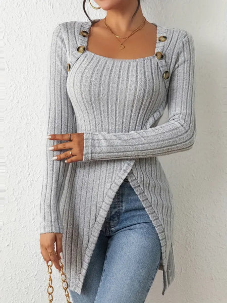 Women's Casual Ribbed Button Decor Asymmetrical Hem Long Sleeve T-Shirt
