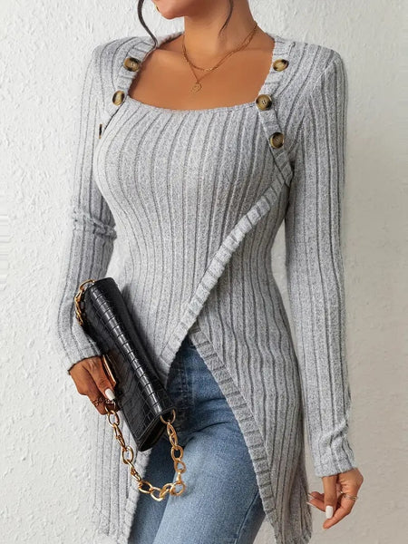 Women's Casual Ribbed Button Decor Asymmetrical Hem Long Sleeve T-Shirt