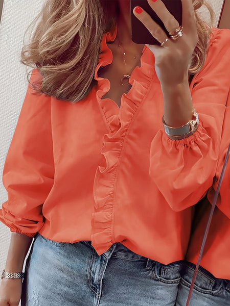 Women's Casual Ruffled Trim V Neck Long Sleeve Loose Blouse