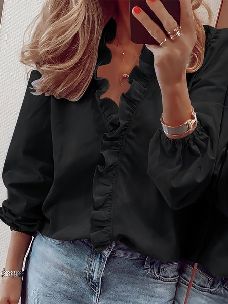 Women's Casual Ruffled Trim V Neck Long Sleeve Loose Blouse