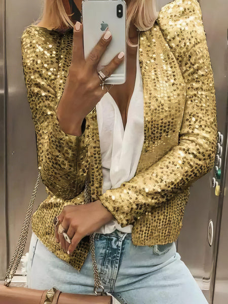 Women's Champagne Rose Sequined Open-Front Evening Jacket