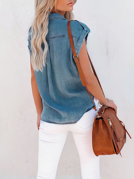 Casual Short-sleeved Solid Denim Shirt