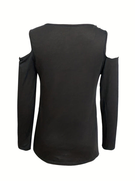 Casual Solid Chain Strap Cold Shoulder Long Sleeve T-Shirt