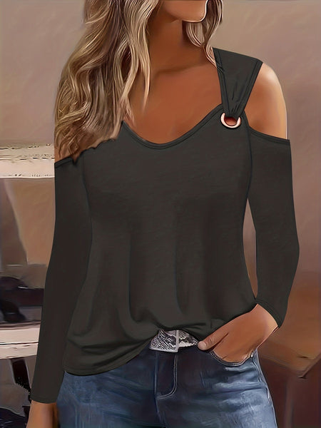 Casual Solid Chain Strap Cold Shoulder Long Sleeve T-Shirt