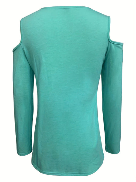 Casual Solid Chain Strap Cold Shoulder Long Sleeve T-Shirt