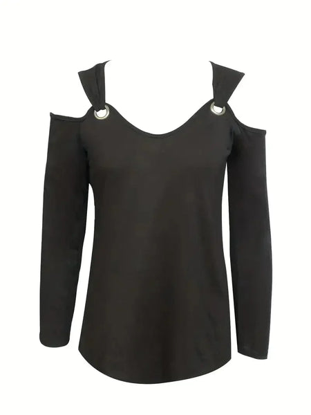 Casual Solid Chain Strap Cold Shoulder Long Sleeve T-Shirt