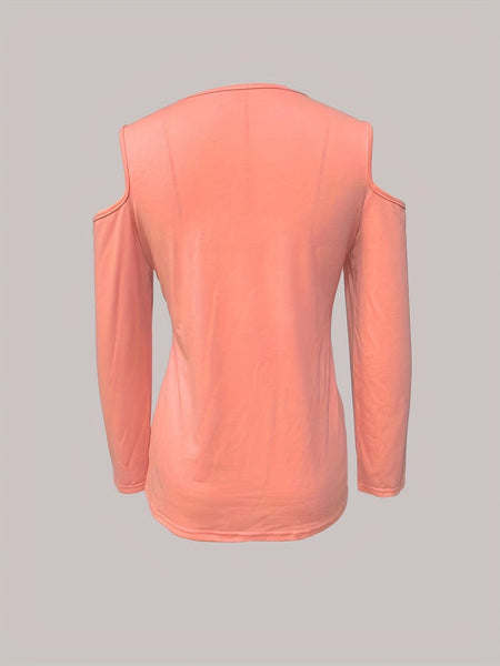 Casual Solid Chain Strap Cold Shoulder Long Sleeve T-Shirt
