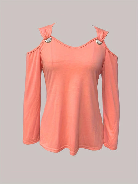 Casual Solid Chain Strap Cold Shoulder Long Sleeve T-Shirt