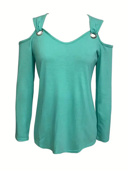 Casual Solid Chain Strap Cold Shoulder Long Sleeve T-Shirt