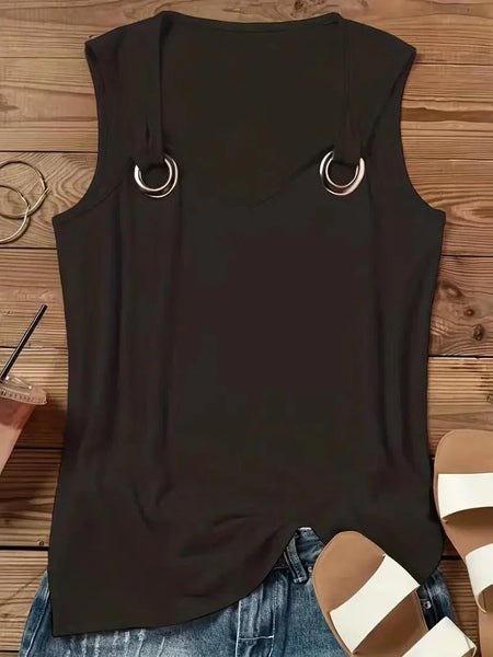 Casual Solid Chain Strap Crew Neck Sleeveless Tank Top