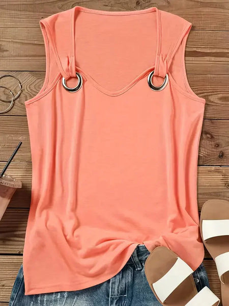 Casual Solid Chain Strap Crew Neck Sleeveless Tank Top