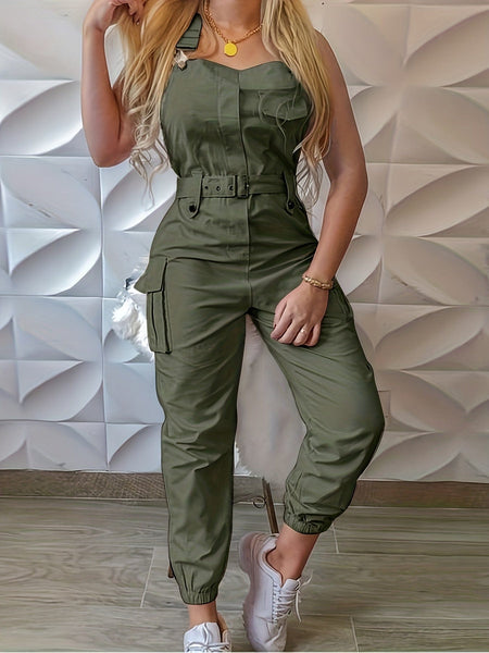 Casual Solid Color Belted Flap Pockets Jumpsuit
