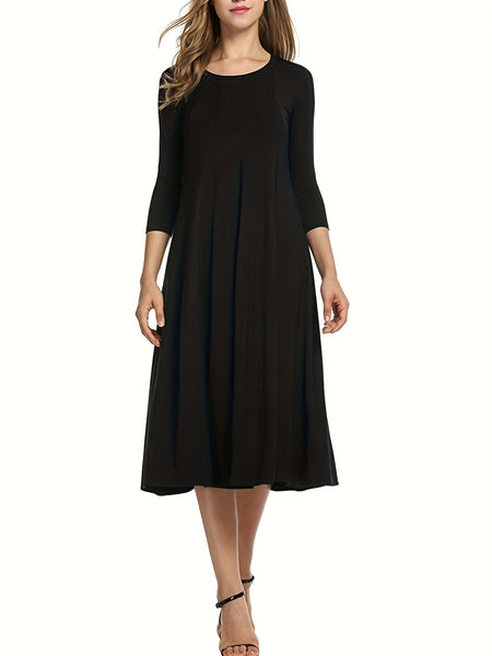 Casual Solid Crew Neck 3/4 Sleeve Midi Dress