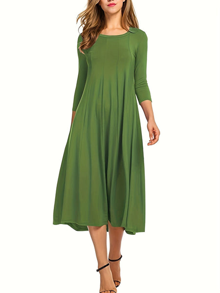 Casual Solid Crew Neck 3/4 Sleeve Midi Dress