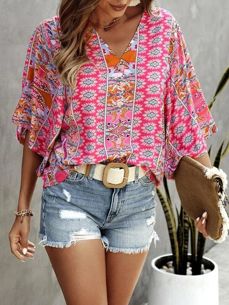 Casual Solid Flowy Loose Tunic Short Sleeve V Neck Blouse