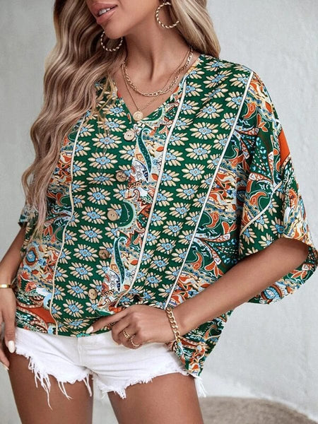 Casual Solid Flowy Loose Tunic Short Sleeve V Neck Blouse