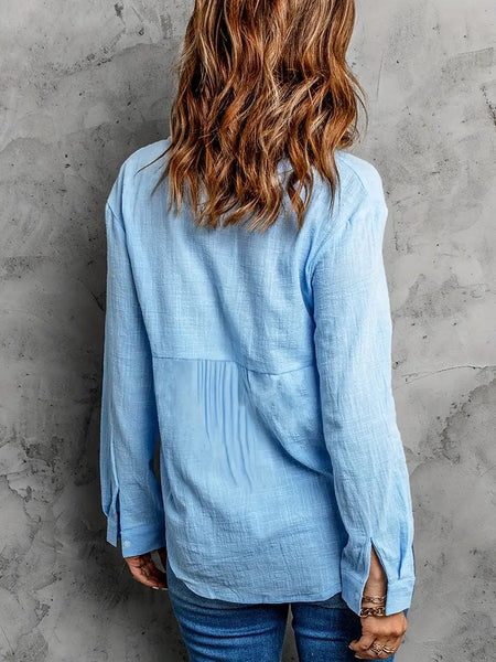 Casual Solid Linen Long Sleeve Lapel Blouse