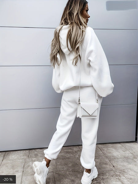 Casual Solid Long Sleeve Hooded Shirts & Slant Pocket Jogger Pants Sports Set