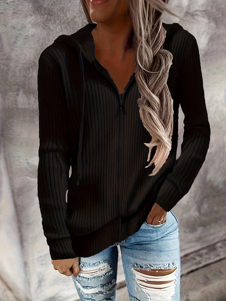 Women's Casual Solid Long Sleeve Zip-Up Drawstring Hoodies