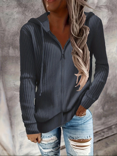 Women's Casual Solid Long Sleeve Zip-Up Drawstring Hoodies