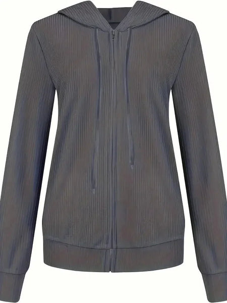 Women's Casual Solid Long Sleeve Zip-Up Drawstring Hoodies