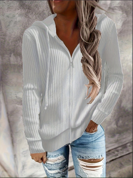 Women's Casual Solid Long Sleeve Zip-Up Drawstring Hoodies
