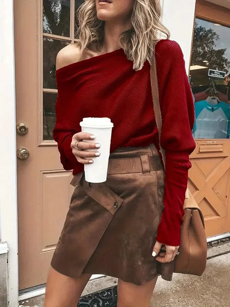 Women's Batwing Sleeve One Shoulder Ribbed T-Shirt