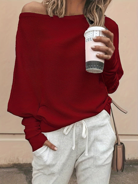 Casual Solid Ribbed Batwing Sleeve One Shoulder T-Shirt