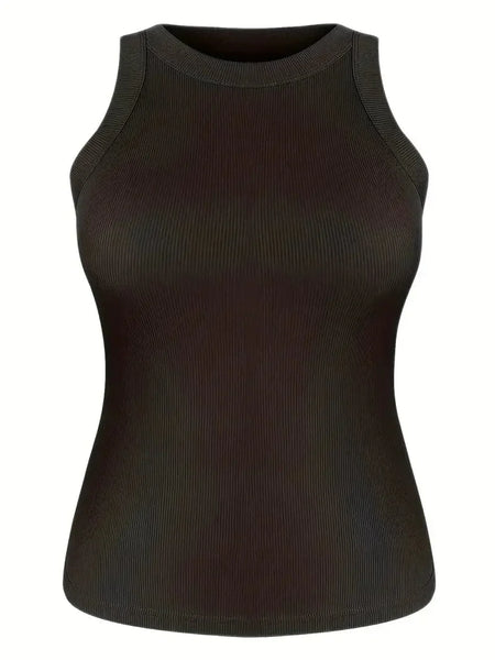 Casual Solid Ribbed Crew Neck Sleeveless Basic Tank Top