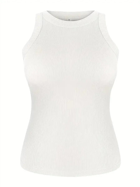 Casual Solid Ribbed Crew Neck Sleeveless Basic Tank Top