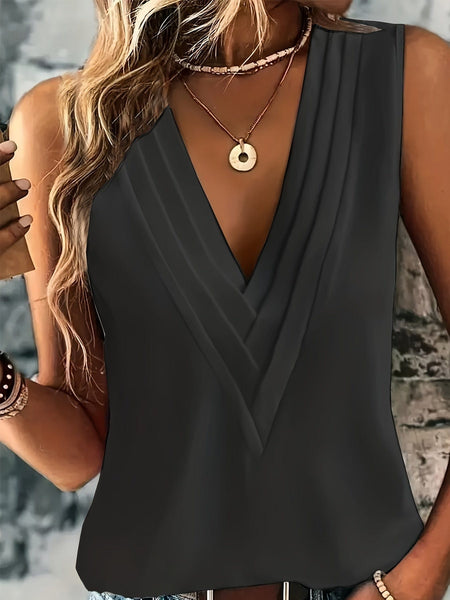 Casual Solid Ruched V-Neck Sleeveless Blouse