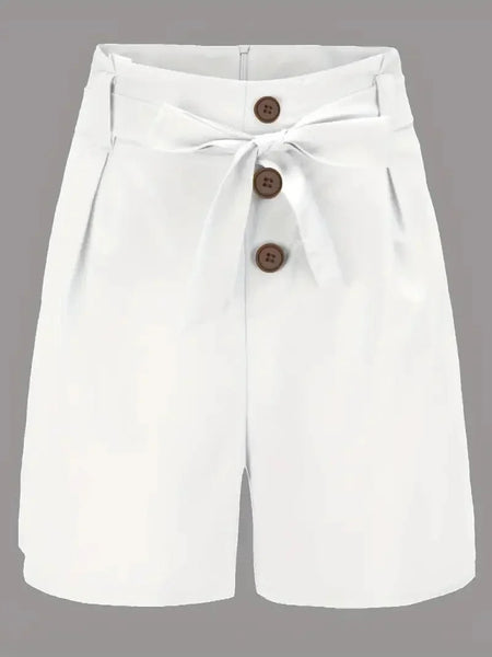 Casual Solid Tie Waist High Waist Button Shorts