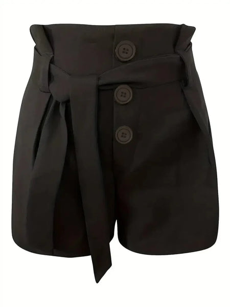 Casual Solid Tie Waist High Waist Button Shorts