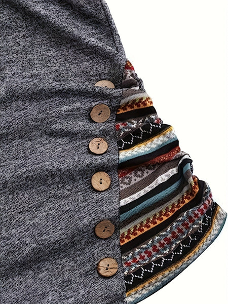 Casual Stripe Splicing Button Decor Long Sleeve Hoodie