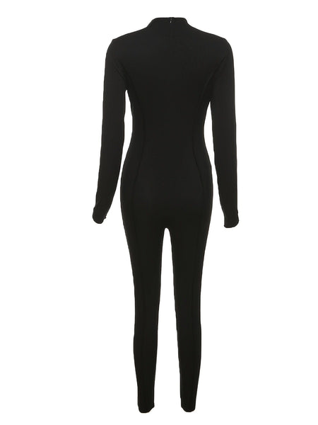 Casual Stylish Long Sleeve Solid High Collar Skinny Fit Jumpsuit