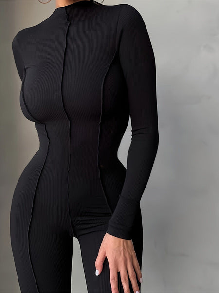 Casual Stylish Long Sleeve Solid High Collar Skinny Fit Jumpsuit