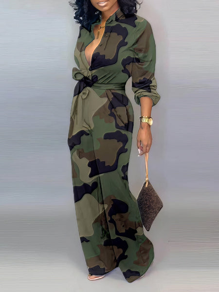 Women's Casual V-Neck Jumpsuit with Letter Print and Knotted Detail with practical styling and dependable silhouette control.
