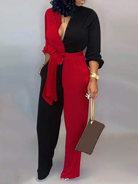 Women's Casual V-Neck Jumpsuit with Letter Print and Knotted Detail with practical styling and dependable silhouette control.