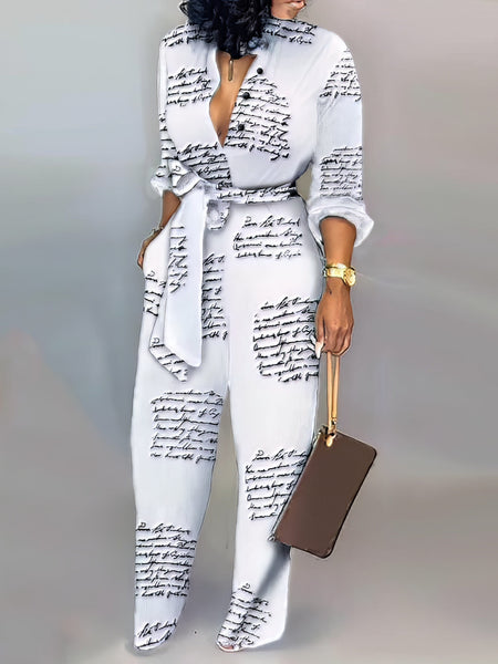 Women's Casual V-Neck Jumpsuit with Letter Print and Knotted Detail with practical styling and dependable silhouette control.