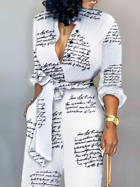 Women's Casual V-Neck Jumpsuit with Letter Print and Knotted Detail with practical styling and dependable silhouette control.