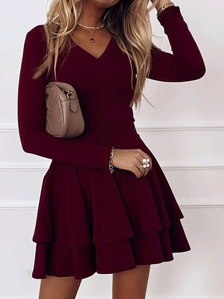 Women's Casual V-Neck Long Sleeve Commuter Dress