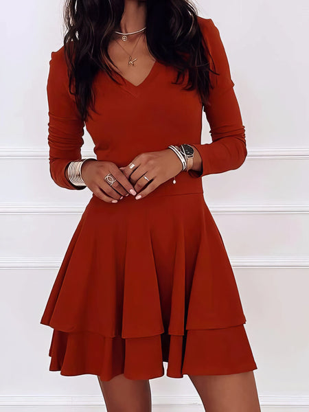 Women's Casual V-Neck Long Sleeve Commuter Dress