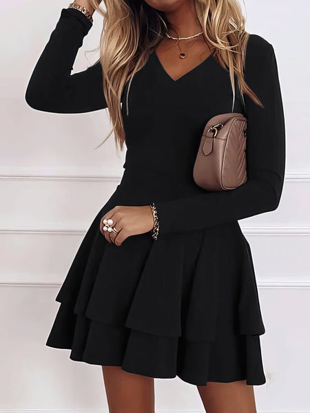 Women's Casual V-Neck Long Sleeve Commuter Dress
