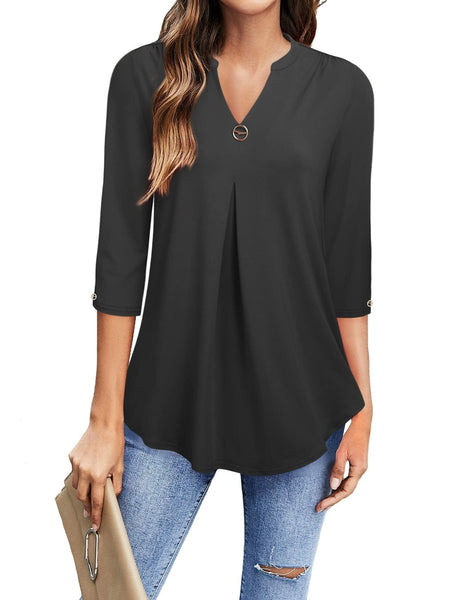 Casual V-Neck Loose Fit Blouse with Mid-Length Sleeves
