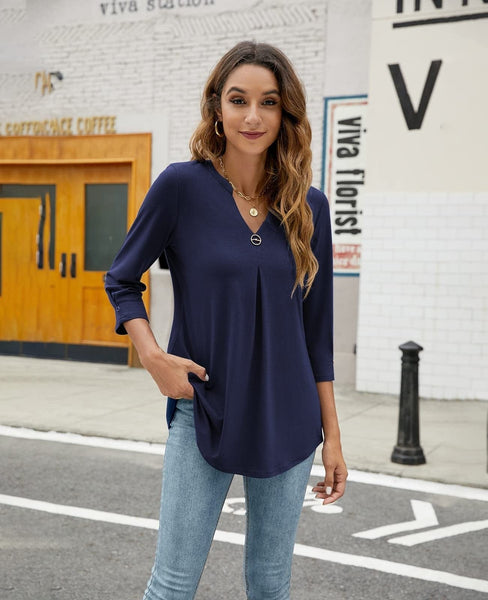 Casual V-Neck Loose Fit Blouse with Mid-Length Sleeves