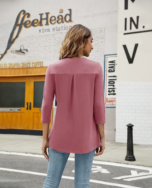 Casual V-Neck Loose Fit Blouse with Mid-Length Sleeves