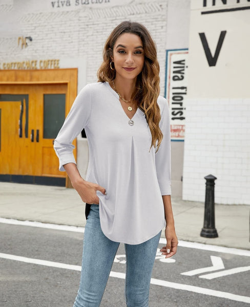Casual V-Neck Loose Fit Blouse with Mid-Length Sleeves