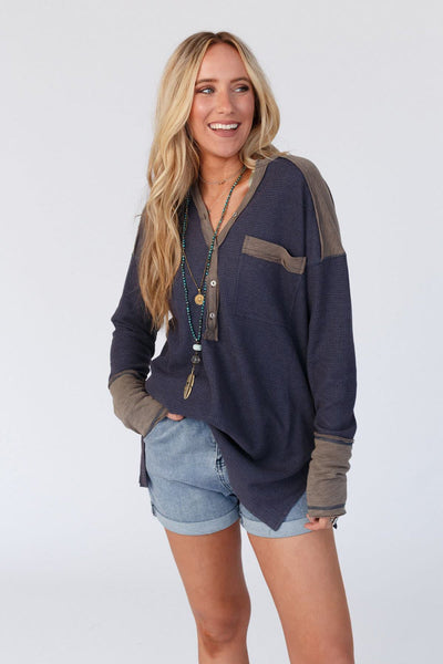 Cozy Women's Dark Blue Thermal Top with Contrast Trim & Half Button Detail - Perfect Stylish Fit for Year-Round Wear
