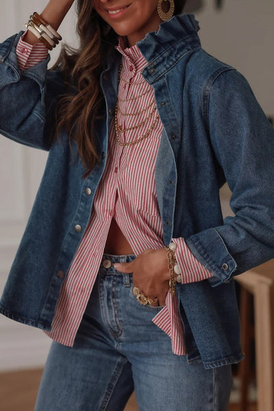 Women's Casual Pink Striped Button-Down Shirt with Frill Collar and Chest Pocket - Relaxed Fit for Effortless Style